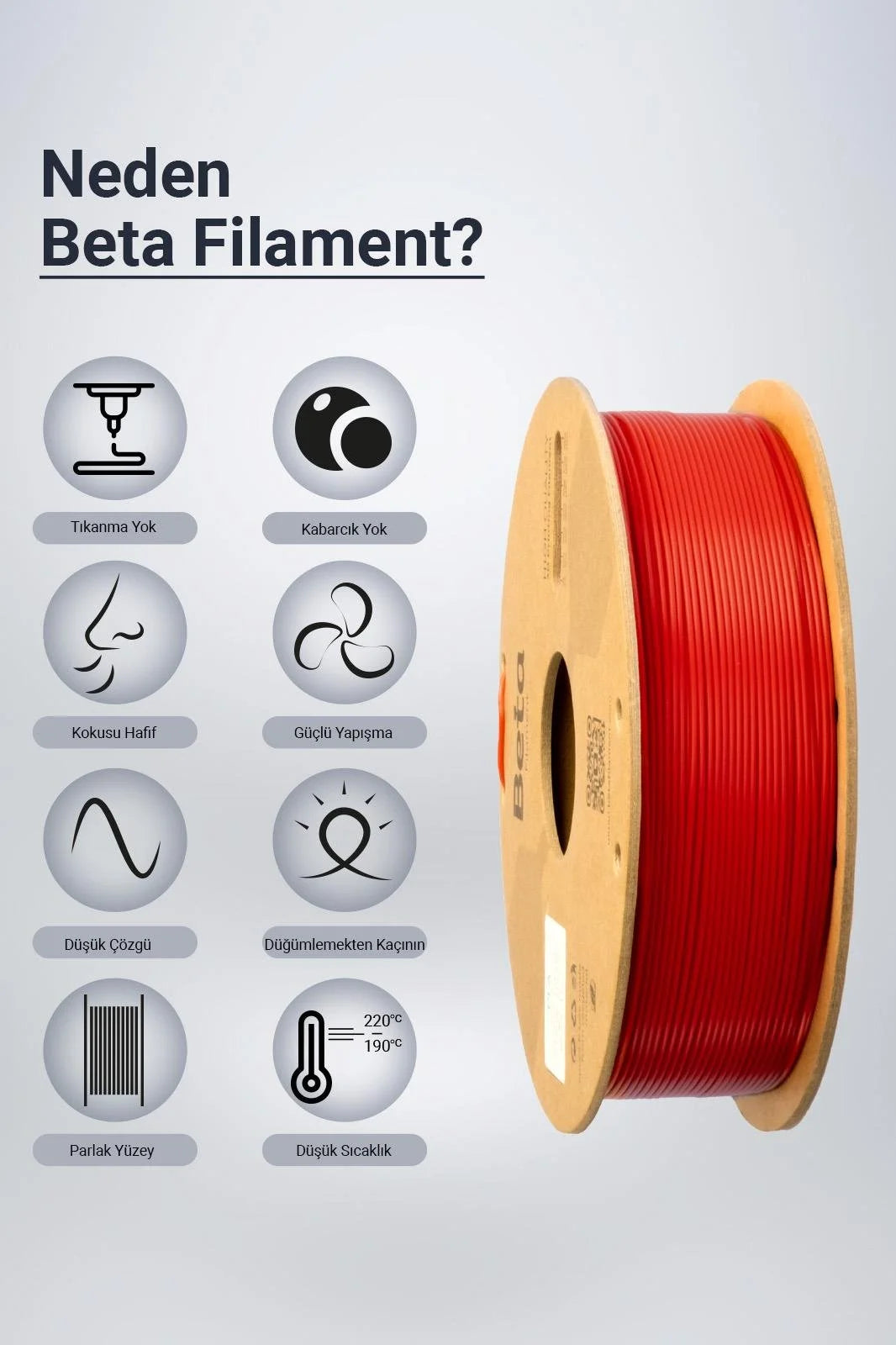 Beta PLA+ Kiss Red filament, düşük koku ve yüksek katman yapışması gibi üstün baskı avantajlarıyla sorunsuz üretim sunar. Timuzon güvencesiyle hemen keşfedin.