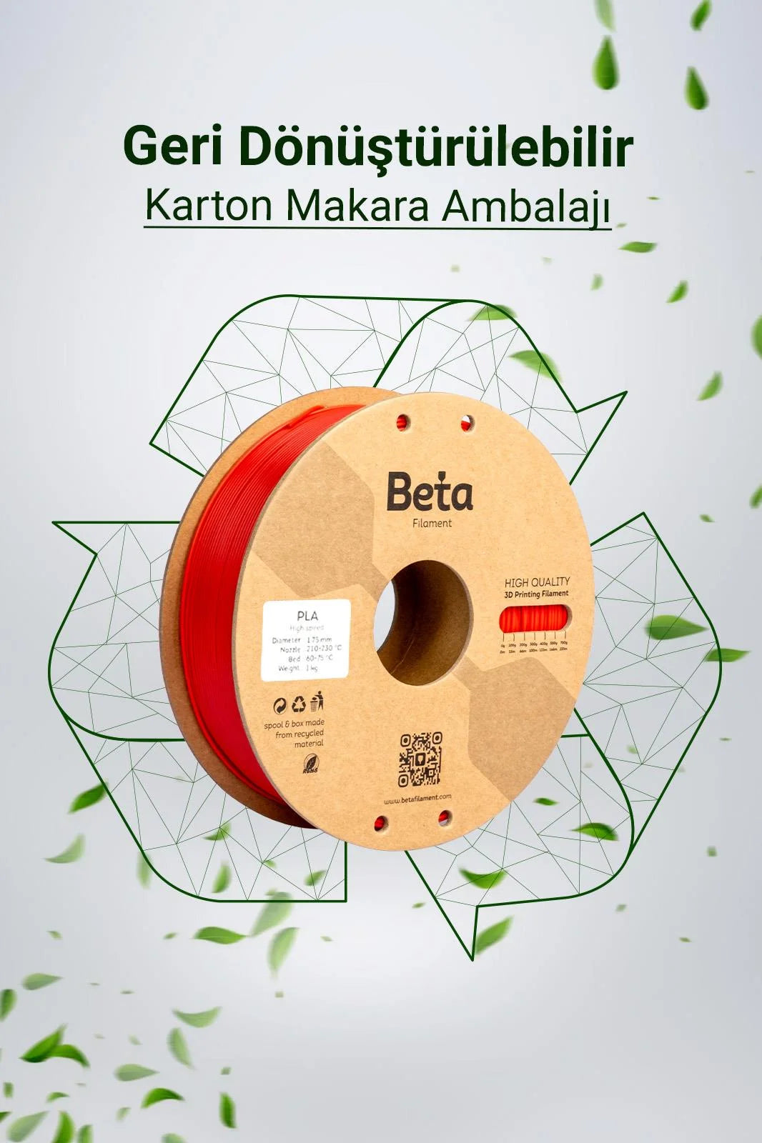Beta PLA+ Kiss Red geri dönüştürülebilir karton makaralı çevre dostu filament, doğa dostu bir üretim sunar. Timuzon güvencesiyle hemen keşfedin.