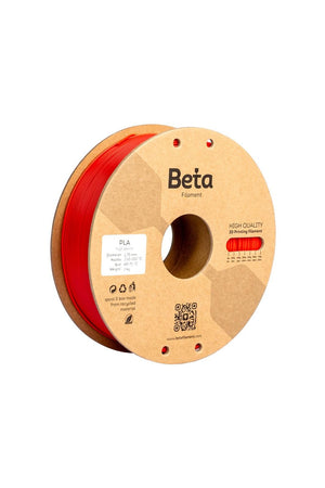 Beta PLA+ Kiss Red (kırmızı) 1kg 3D yazıcı filamenti makarası ve 1.75mm çap görünümü.