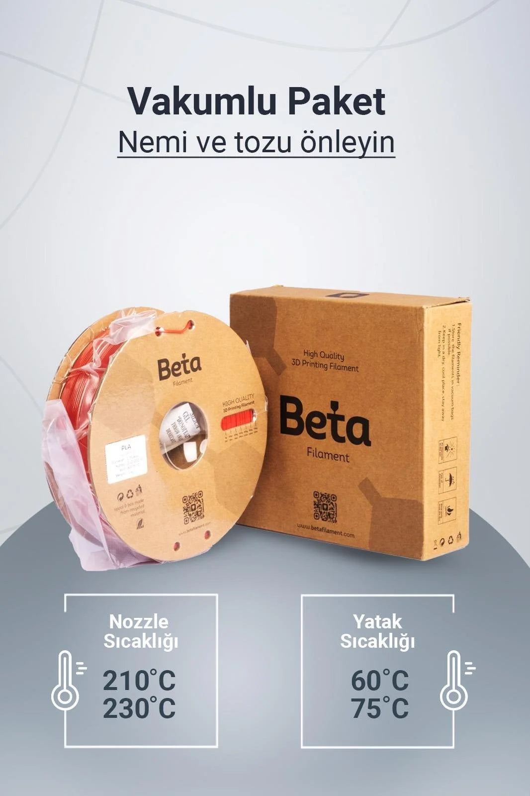 Beta PLA+ Kiss Red vakumlu paket içeriği ile nozzle ve yatak sıcaklık ayarlarını gösteren detaylı bilgi görseli. Timuzon güvencesiyle hemen keşfedin.