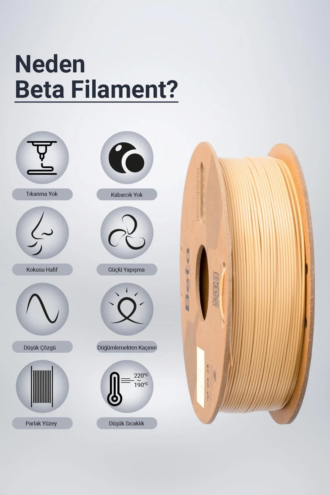 Beta PLA+ Natural Skin filament, düşük koku ve yüksek katman yapışması gibi üstün avantajlarla sorunsuz üretim sunar. Timuzon güvencesiyle hemen keşfedin.