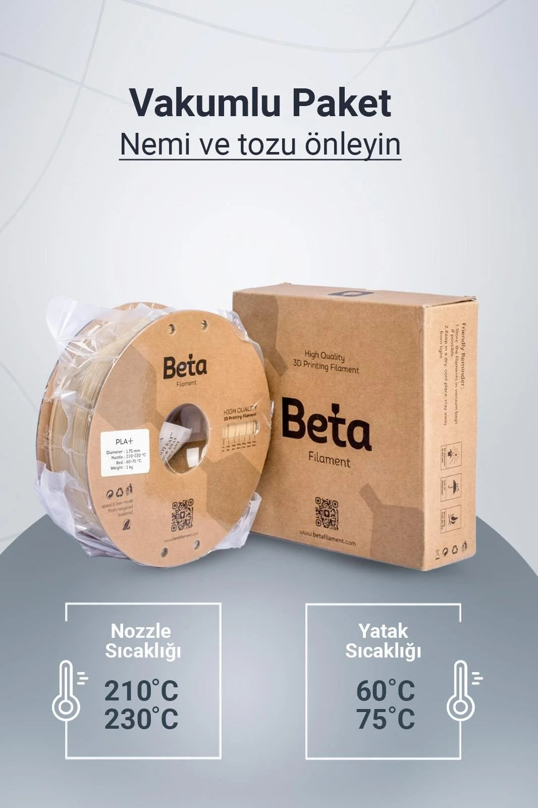 Beta PLA+ Natural Skin vakumlu paket içeriği ile nozzle ve yatak sıcaklık ayarlarını gösteren detaylı bilgi görseli. Timuzon güvencesiyle hemen keşfedin.