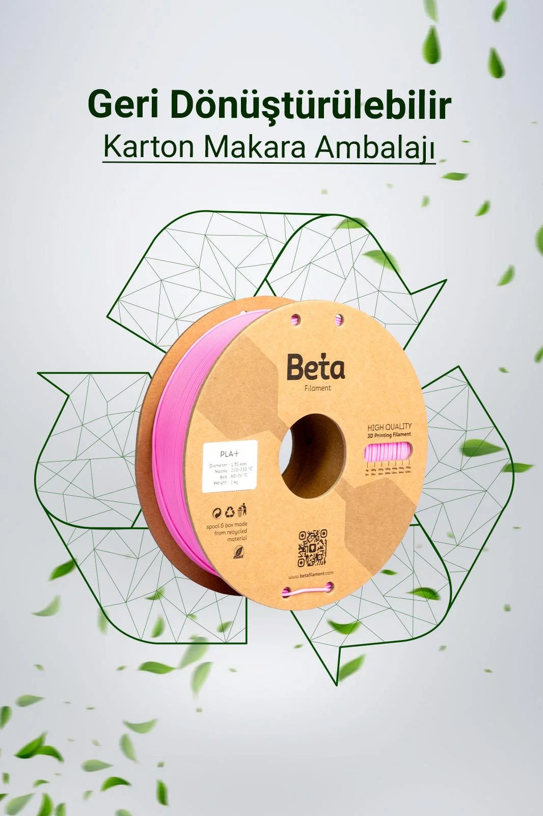 Beta PLA+ Rose Pink geri dönüştürülebilir karton makaralı çevre dostu filament, doğa dostu bir üretim sunar. Timuzon güvencesiyle hemen keşfedin.