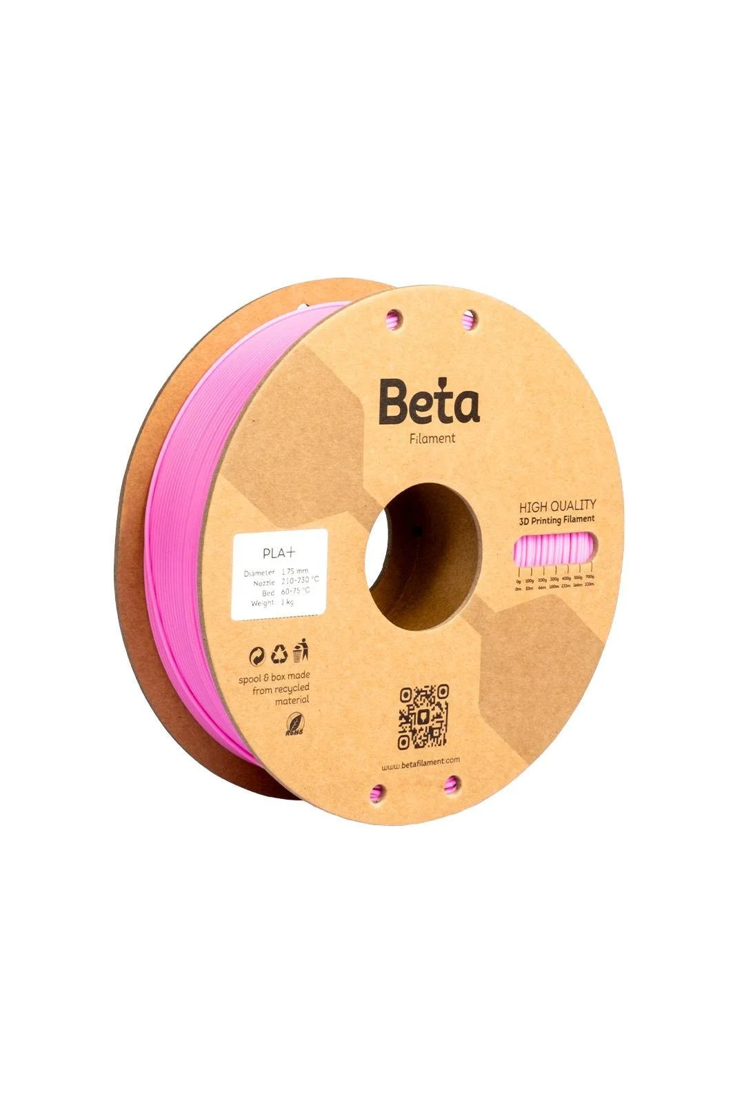 Beta PLA+ Rose Pink 1kg makarası ve 1.75mm çap görünümü malzemenin pürüzsüz yapısını ve kusursuz sarımını yansıtır. Timuzon güvencesiyle hemen keşfedin.