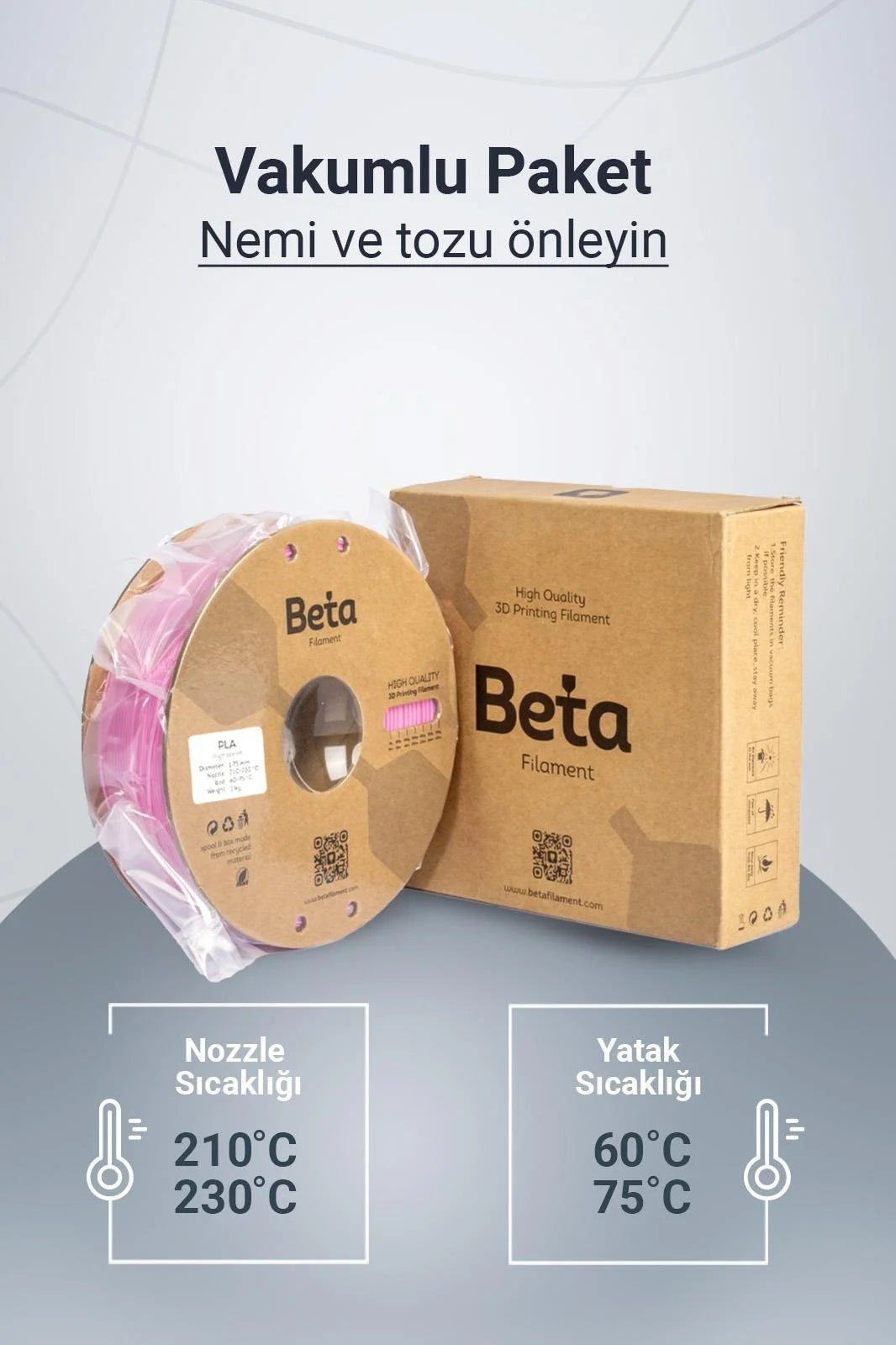 Beta PLA+ Rose Pink vakumlu paket içeriği ile nozzle ve yatak sıcaklık ayarlarını gösteren detaylı bilgi görseli. Timuzon güvencesiyle hemen keşfedin.
