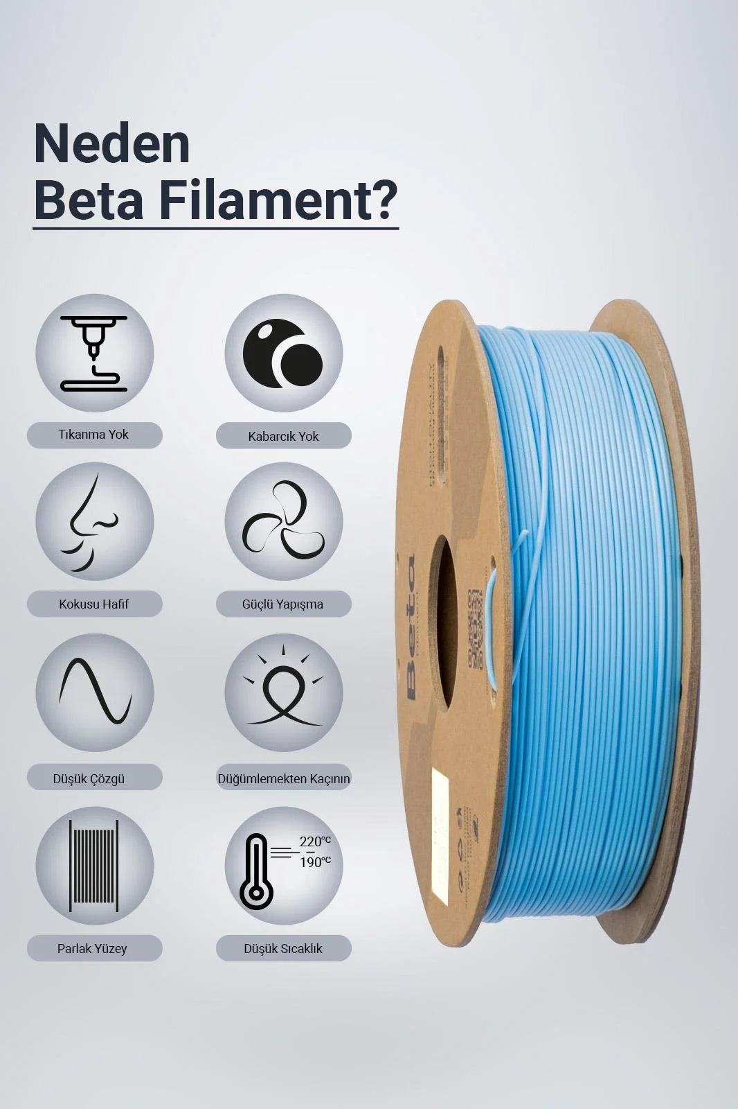 Beta PLA+ Sky Blue filament, düşük koku ve yüksek katman yapışması gibi üstün avantajlarla sorunsuz üretim sunar. Timuzon güvencesiyle hemen keşfedin.