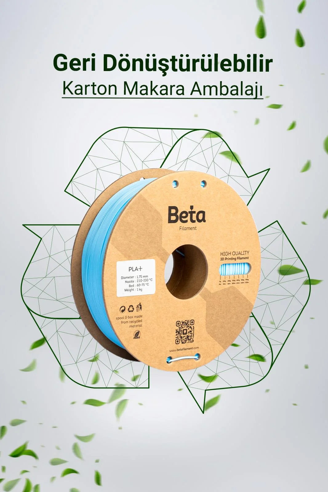 Beta PLA+ Sky Blue geri dönüştürülebilir karton makaralı çevre dostu filament, doğa dostu bir üretim sunar. Timuzon güvencesiyle hemen keşfedin.