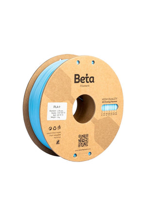 Beta PLA+ Sky Blue (gök mavisi) 1kg 3D yazıcı filamenti makarası ve 1.75mm çap görünümü.