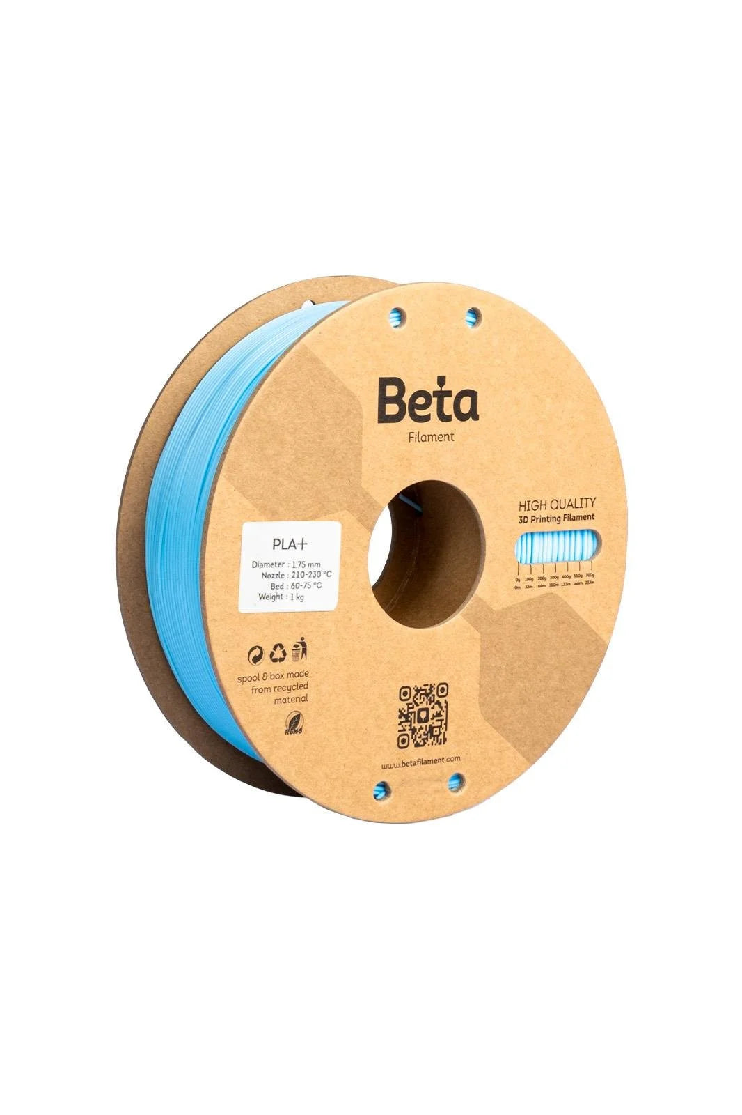 Beta PLA+ Sky Blue 1kg makarası ve 1.75mm çap görünümü malzemenin pürüzsüz yapısını ve kusursuz sarımını yansıtır. Timuzon güvencesiyle hemen keşfedin.