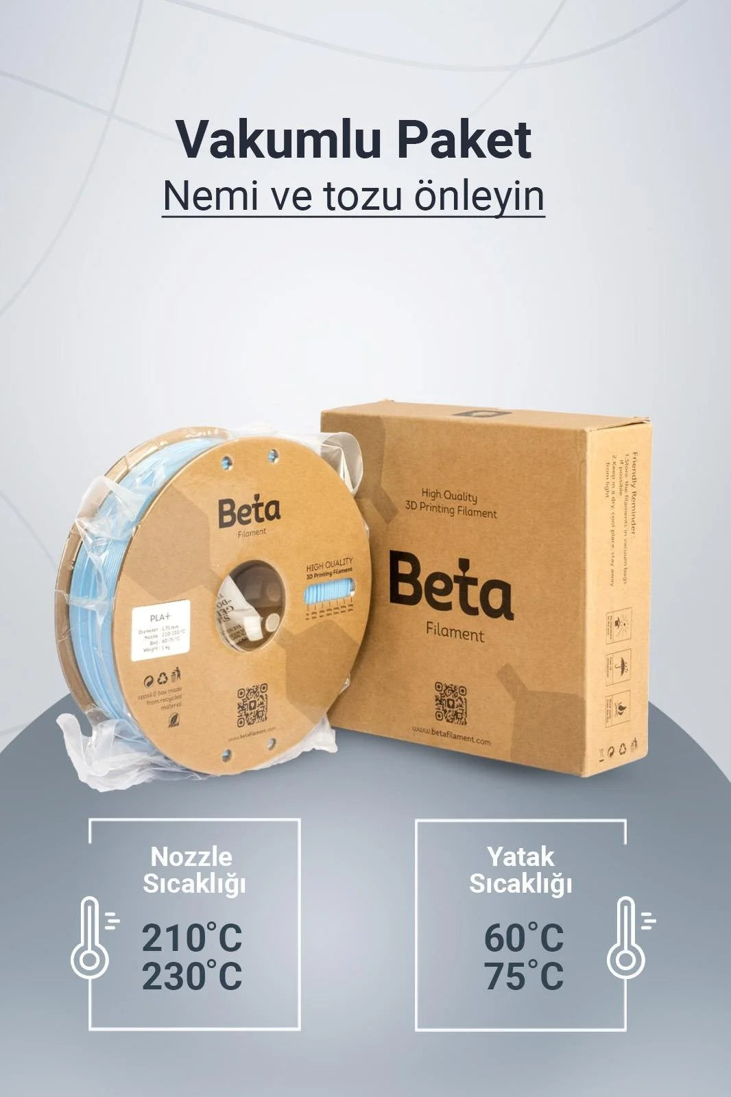 Beta PLA+ Sky Blue vakumlu paket içeriği ile nozzle ve yatak sıcaklık ayarlarını gösteren detaylı bilgi görseli. Timuzon güvencesiyle hemen keşfedin.