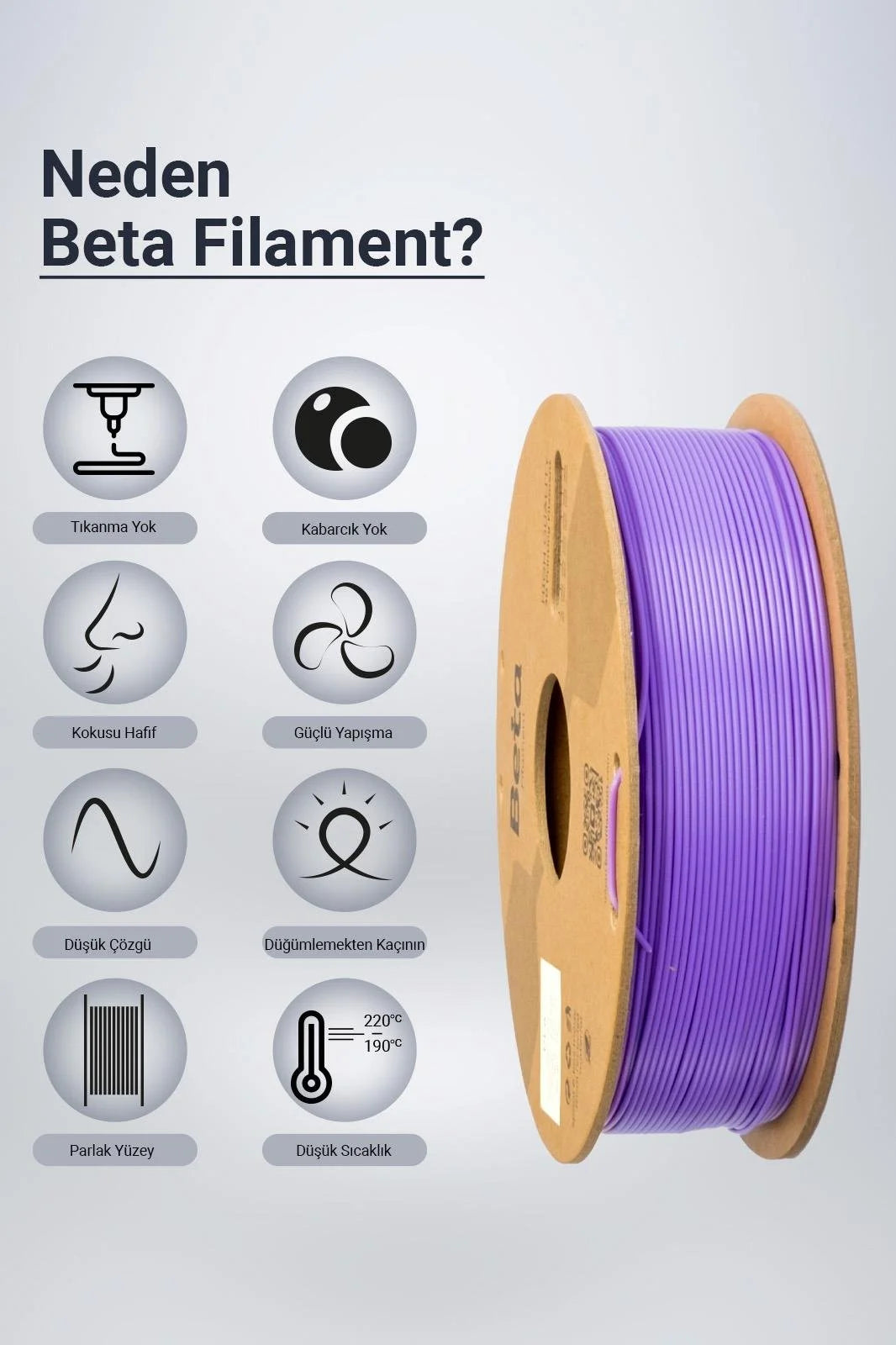 Beta PLA+ Violet Purple filament, düşük koku ve yüksek katman yapışması gibi üstün avantajlarla sorunsuz üretim sunar. Timuzon güvencesiyle hemen keşfedin.