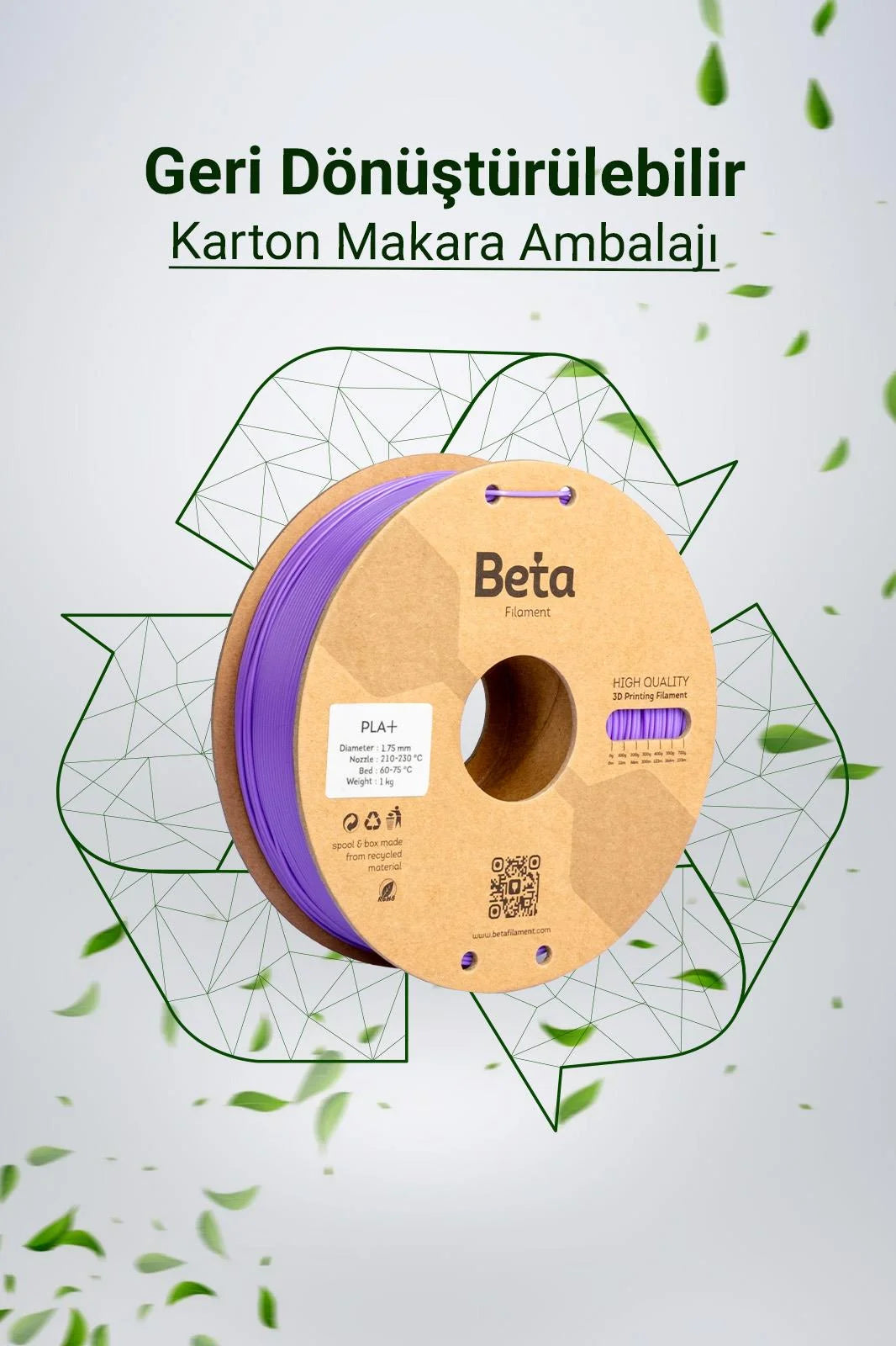 Beta PLA+ Violet Purple geri dönüştürülebilir karton makaralı çevre dostu filament, doğa dostu bir üretim sunar. Timuzon güvencesiyle hemen keşfedin.