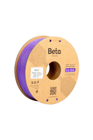 Beta PLA+ Violet Purple (menekşe moru) 1kg 3D yazıcı filamenti makarası ve 1.75mm çap görünümü.