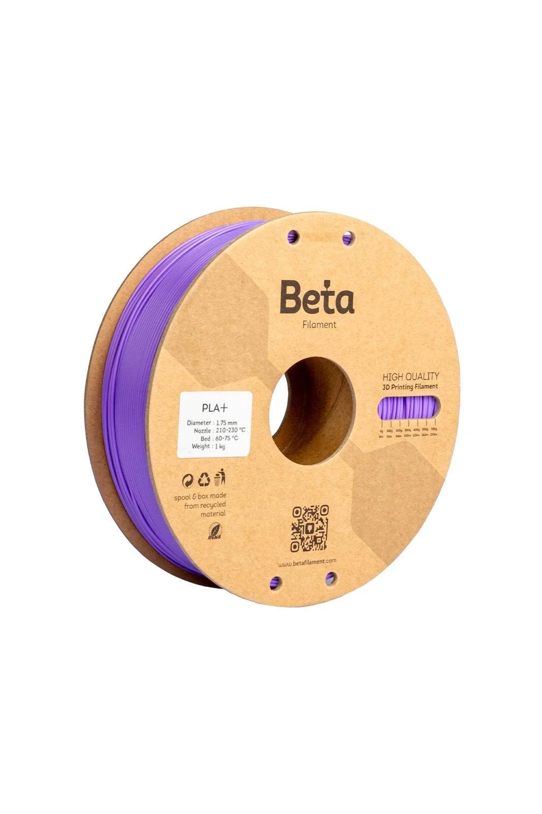 Beta PLA+ Violet Purple 1kg makarası ve 1.75mm çap görünümü malzemenin pürüzsüz yapısını ve sarımını yansıtır. Timuzon güvencesiyle hemen keşfedin.