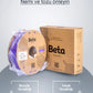 Beta PLA+ Violet Purple vakumlu paket içeriği ile nozzle ve yatak sıcaklık ayarlarını gösteren detaylı bilgi görseli. Timuzon güvencesiyle hemen keşfedin.