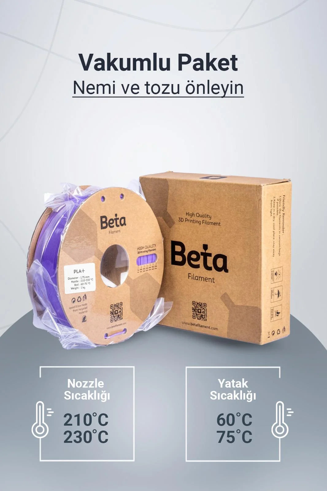 Beta PLA+ Violet Purple vakumlu paket içeriği ile nozzle ve yatak sıcaklık ayarlarını gösteren detaylı bilgi görseli. Timuzon güvencesiyle hemen keşfedin.