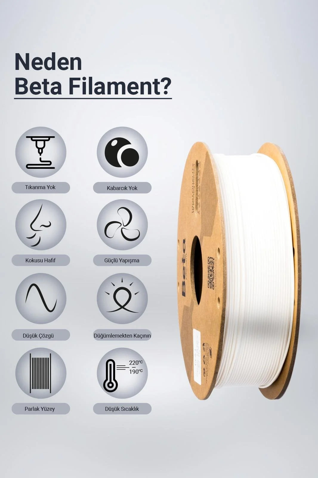Beta PLA+ White filament, düşük koku ve yüksek katman yapışması gibi üstün avantajlarla sorunsuz üretim sunar. Timuzon güvencesiyle hemen keşfedin.