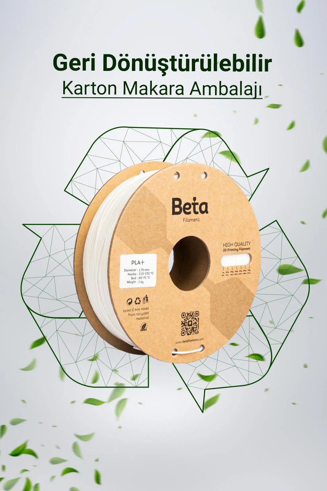 Beta PLA+ White geri dönüştürülebilir karton makaralı çevre dostu filament, doğa dostu bir üretim sunar. Timuzon güvencesiyle hemen keşfedin.