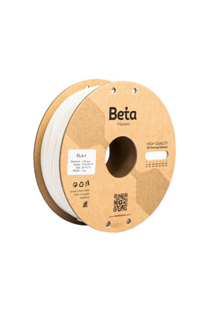 Beta PLA+ White (beyaz) 1kg 3D yazıcı filamenti makarası ve 1.75mm çap görünümü.