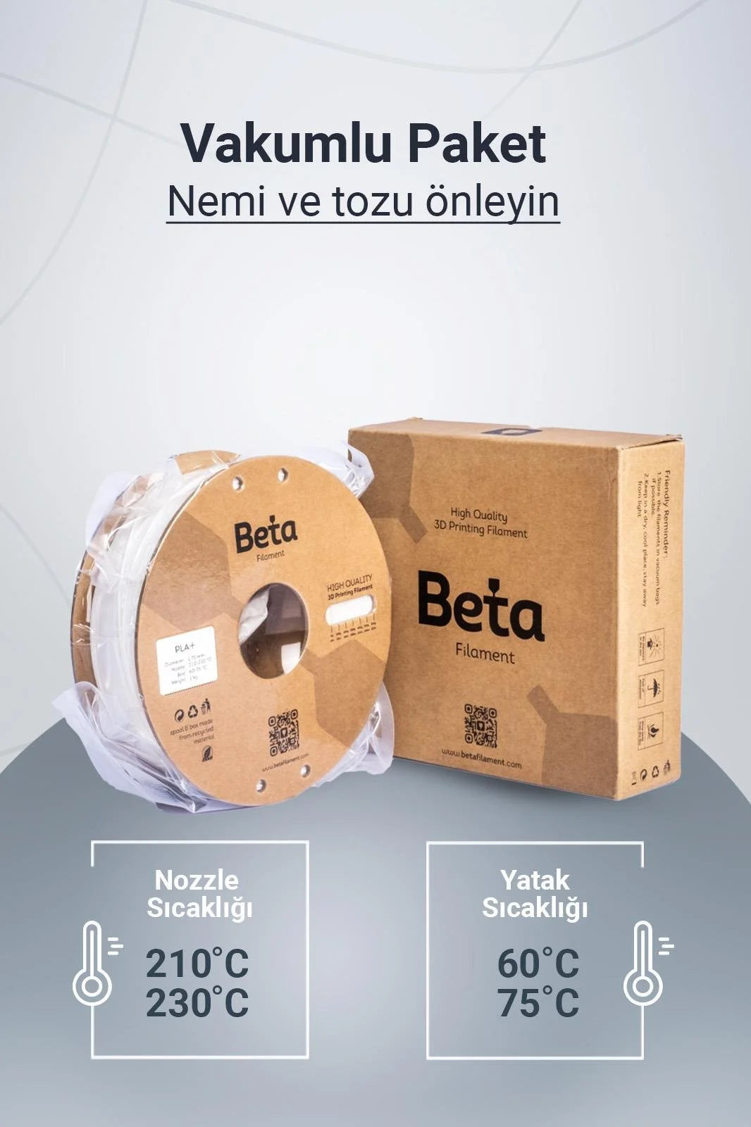 Beta PLA+ White vakumlu paket içeriği ile nozzle ve yatak sıcaklık ayarlarını gösteren detaylı bilgi görseli. Timuzon güvencesiyle hemen keşfedin.