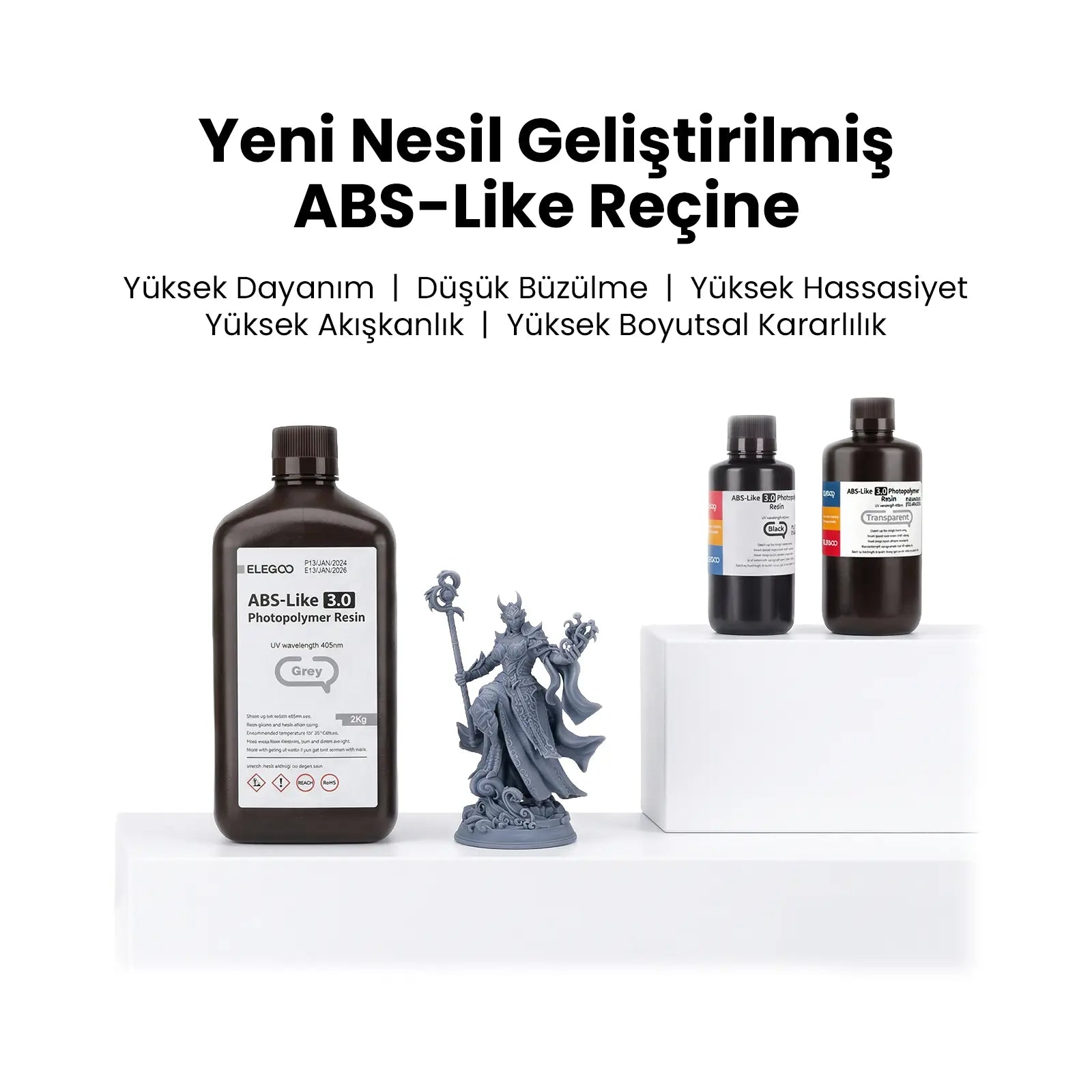Elegoo ABS Like Fotopolimer Reçine v3-0 teknik özellikleri; hızlı kürleme , yüksek hassasiyetli baskı ve yüksek akış.
