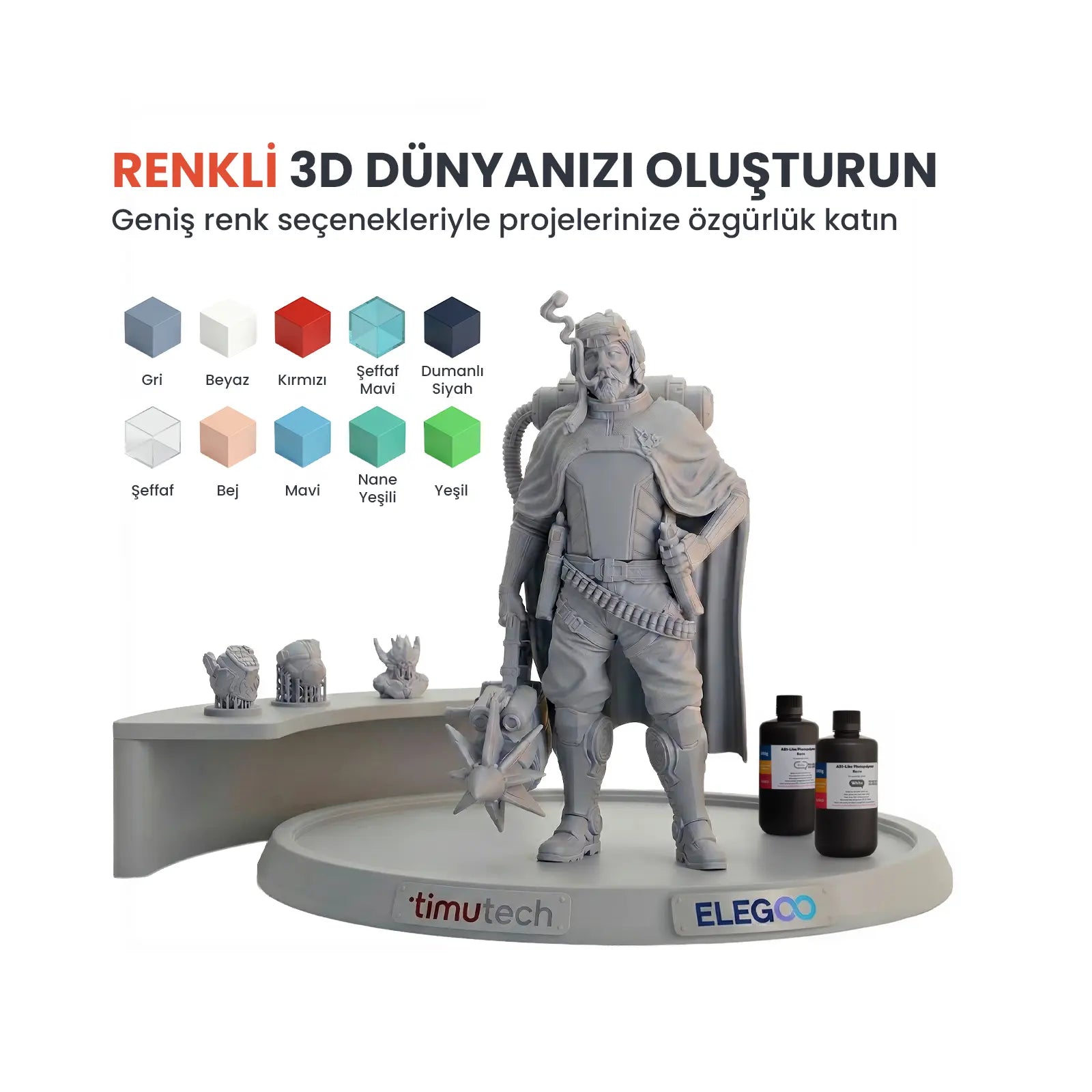Elegoo ABS-Like reçine renk seçenekleri; Gri, Siyah, Beyaz, Kırmızı ve Şeffaf Mavi dayanıklı 3D yazıcı reçine çeşitleri.