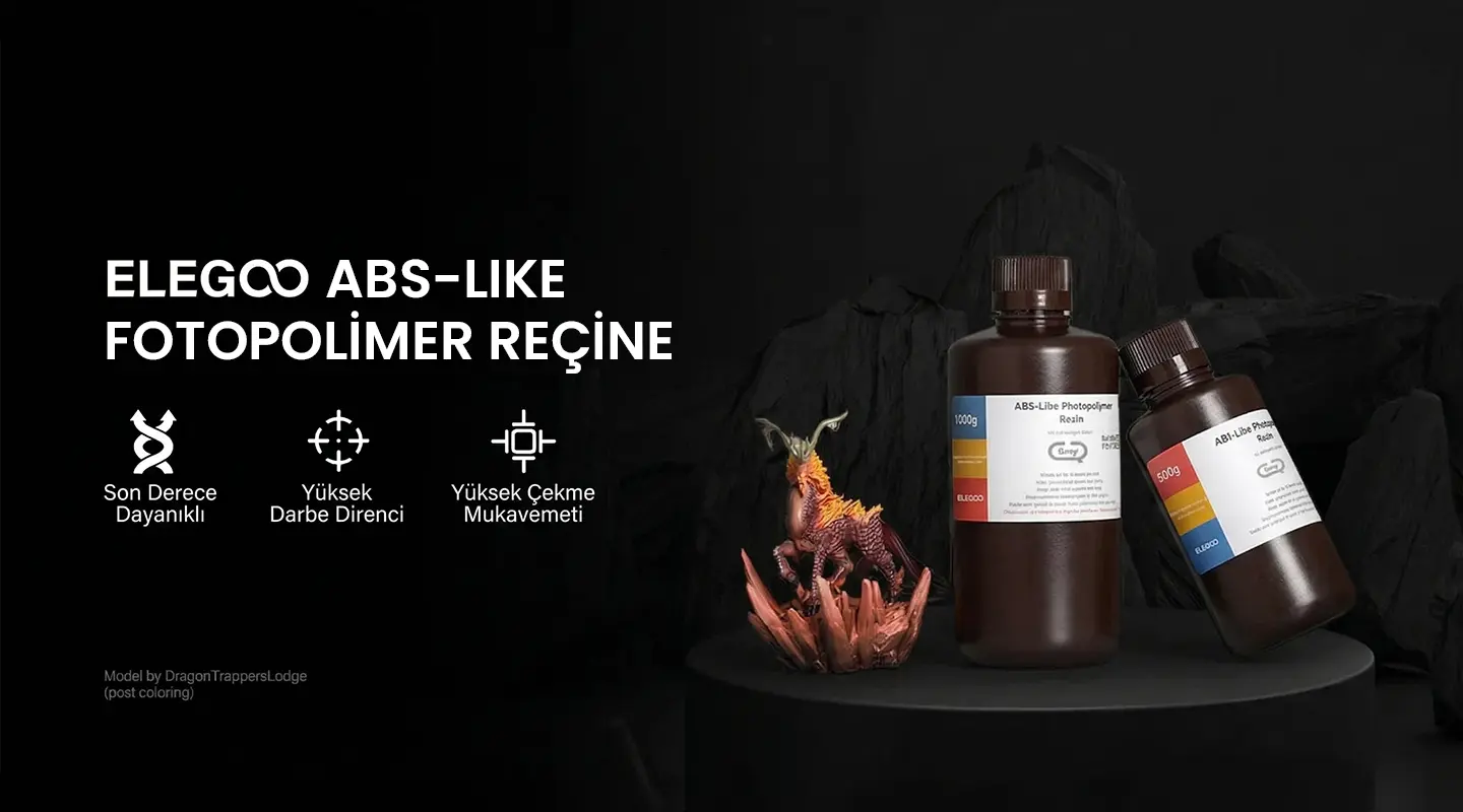 Elegoo ABS-Like Gri Reçine; yüksek darbe direnci sunan 1kg ve 500g dayanıklı 3D yazıcı fotopolimer reçine çeşitleri.