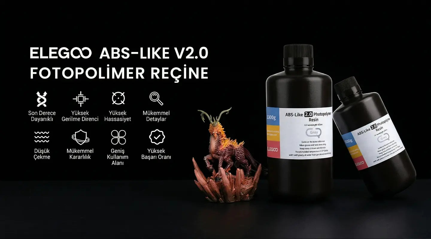 Elegoo ABS-Like Reçine v2.0 Gri avantajları; yüksek darbe direnci, düşük koku, hızlı kürleşme ve hassas 3D baskı detayları.