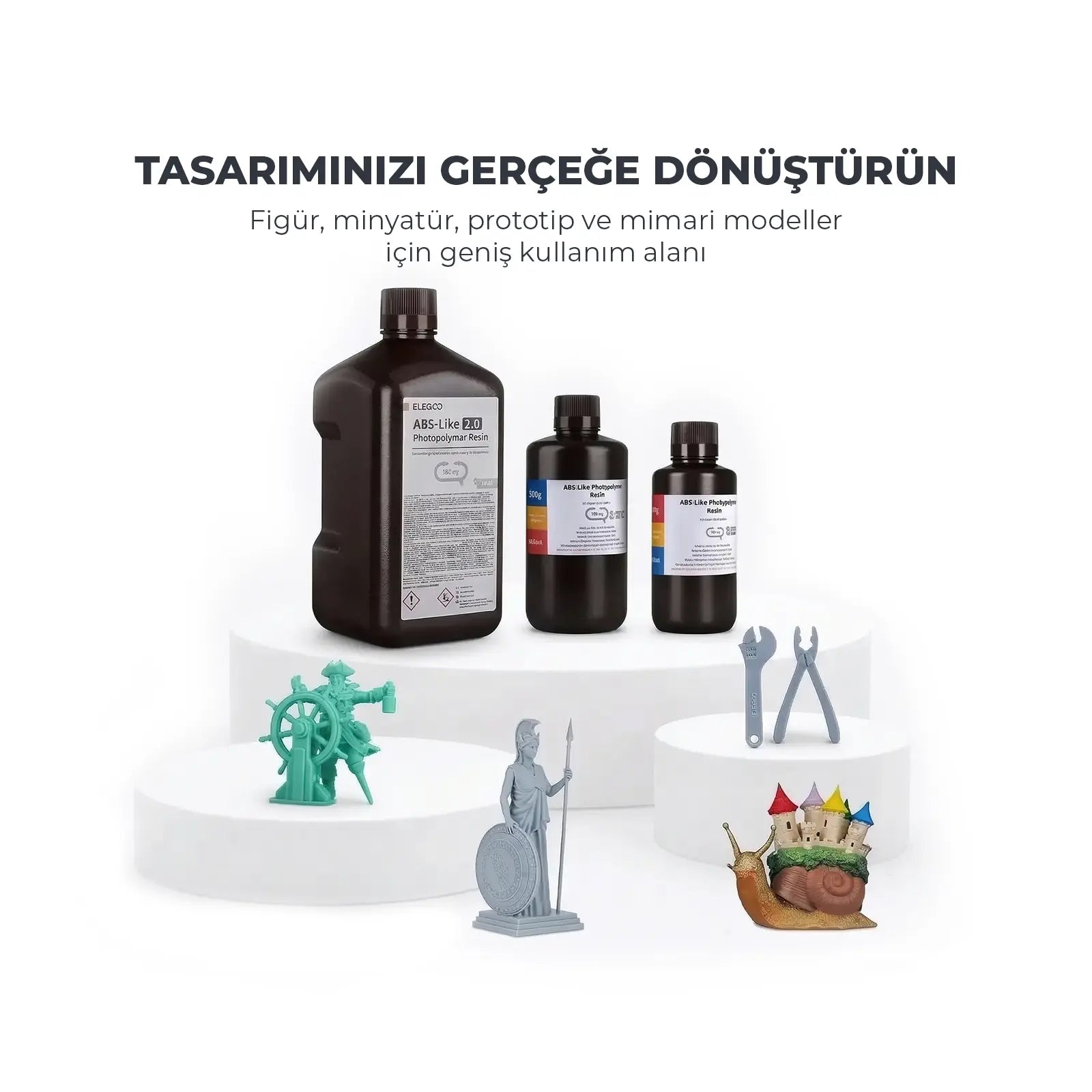 Elegoo ABS-Like v2.0 reçine kullanım alanları; figür, minyatür, prototip ve mimari modelleme için ideal 3D baskı çözümleri.