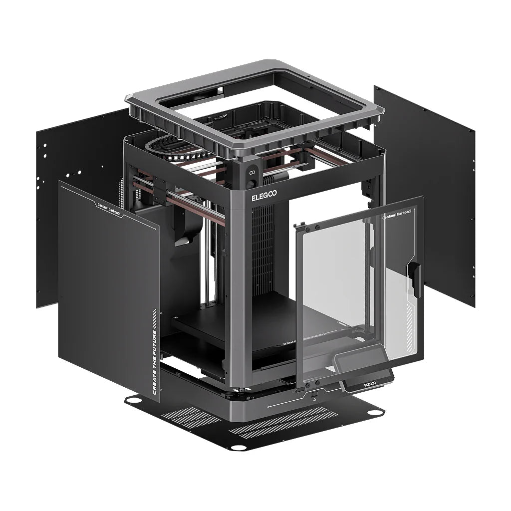 ELEGOO Centauri Carbon 2 3D yazıcı iç mekanik yapı, CoreXY sistemi ve lineer hareket bileşenleri detayları.