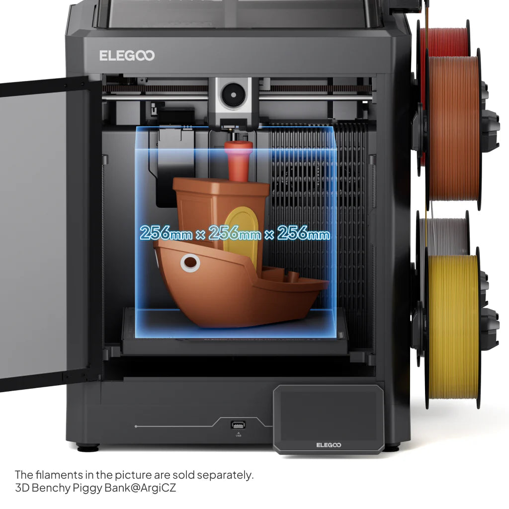 Elegoo Centauri Carbon 2 Combo 3D yazıcı, açık ön kapısından 256x256x256 mm boyutlarındaki baskı hacmini gösterir. Timuzon güvencesiyle hemen keşfedin.
