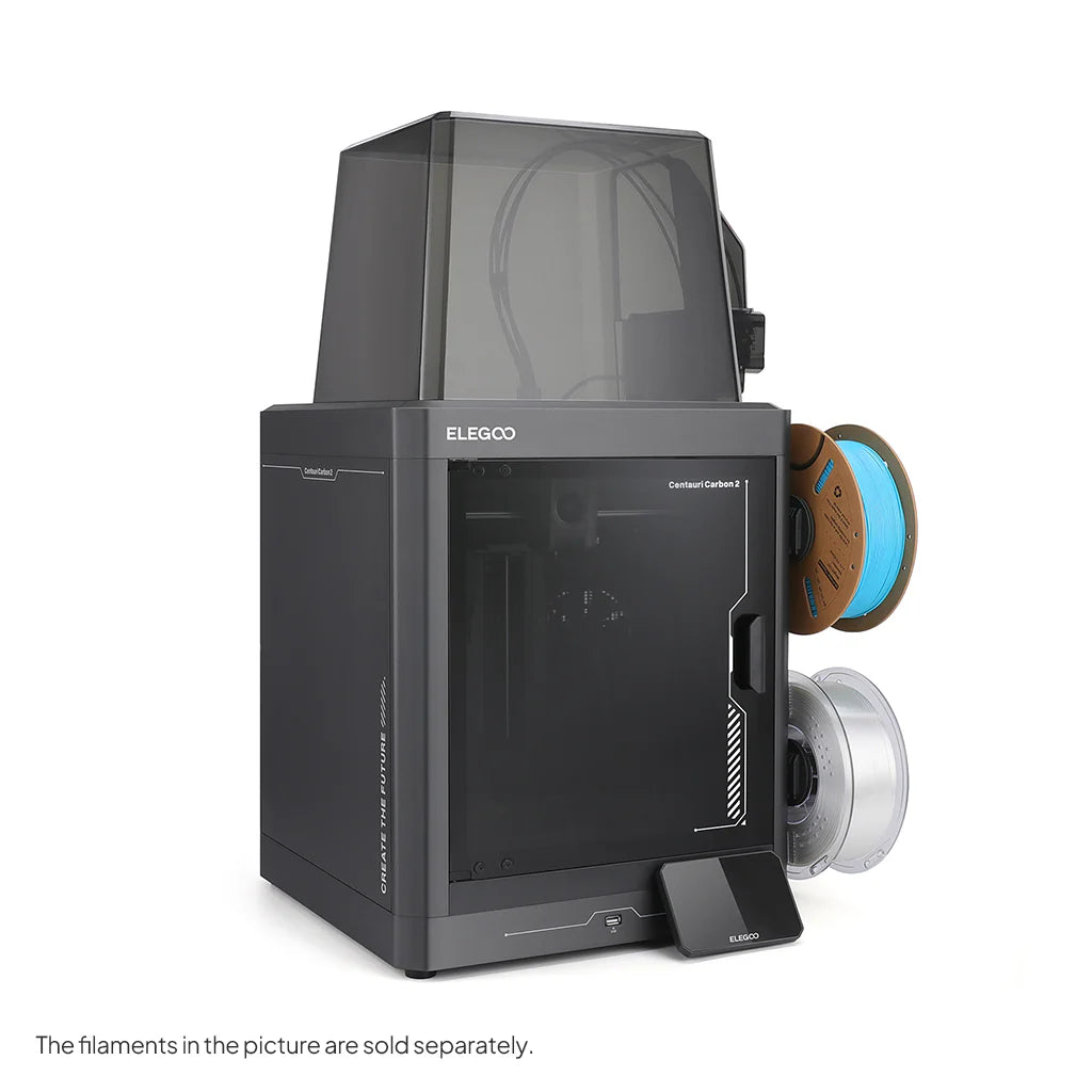 Elegoo Centauri Carbon 2 Combo 3D yazıcı, kapalı kasasını ve yan makaralarını sol çapraz açıdan sergiler. Timuzon güvencesiyle hemen keşfedin.