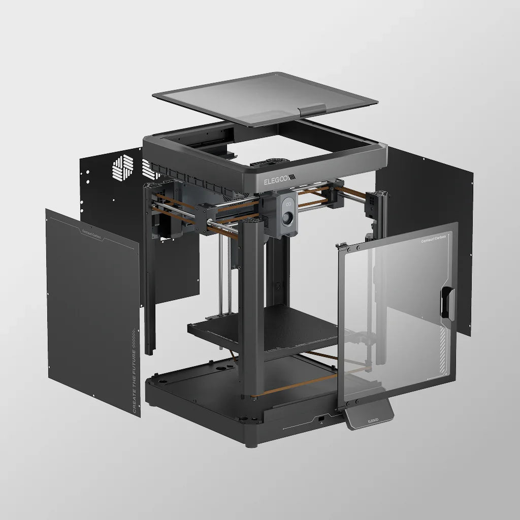 ELEGOO Centauri Carbon 3D yazıcının gövde panellerini ve iç CoreXY mekanizmasını gösteren demonte görünümü. Timuzon güvencesiyle hemen keşfedin.