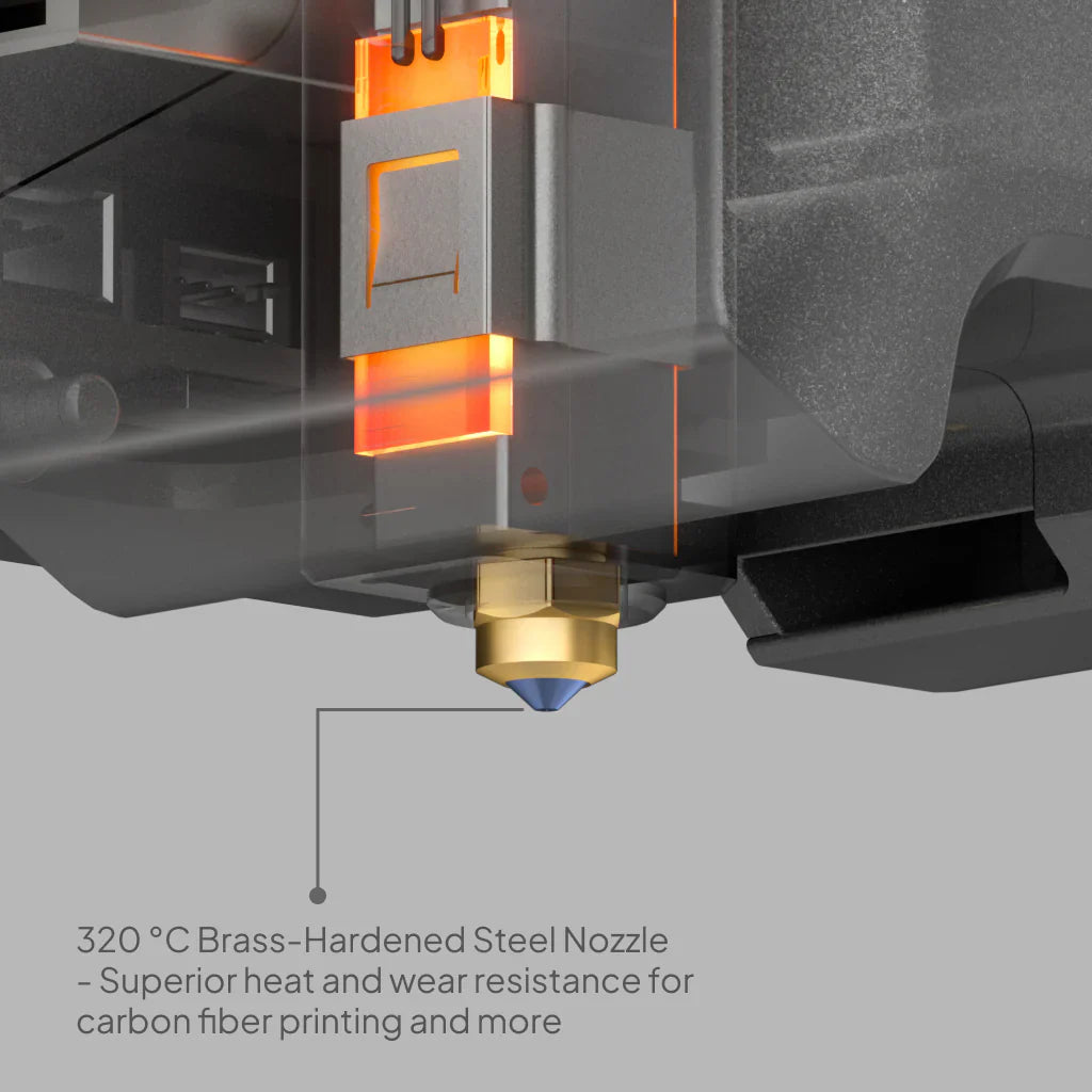 ELEGOO Centauri Carbon 3D yazıcının 320°C sertleştirilmiş çelik nozzle yapısının yakın çekim görünümü. Timuzon güvencesiyle hemen keşfedin.