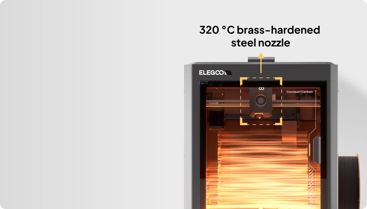 ELEGOO Centauri Carbon 3D yazıcı 320°C sertleştirilmiş çelik nozul ile mühendislik filamentlerini destekler. Timuzon güvencesiyle hemen keşfedin.
