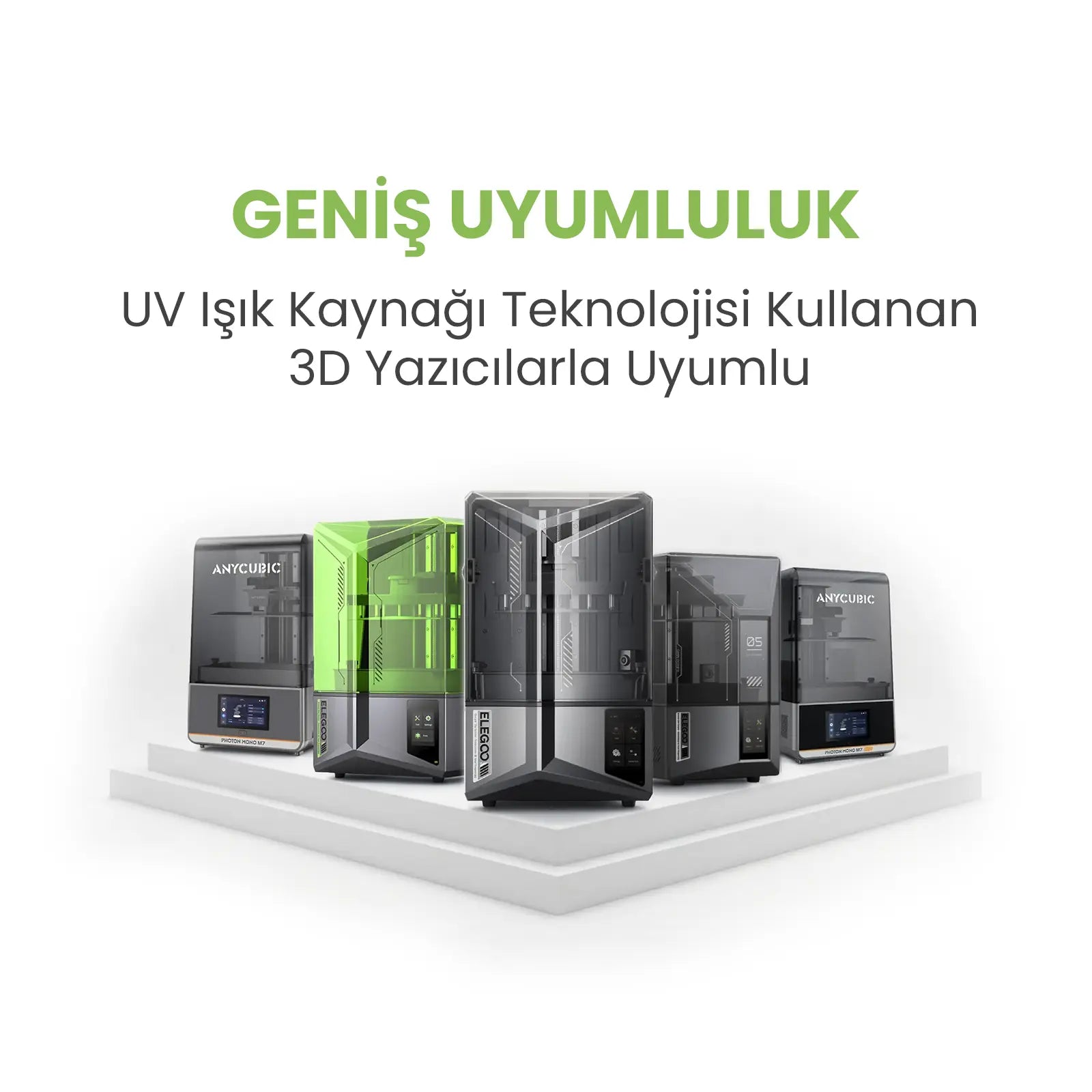 Elegoo Plant Based Bitki Bazlı Reçine Gri; SLA, LCD ve DLP 3D yazıcılarla geniş uyumluluk sunan kullanım görseli.