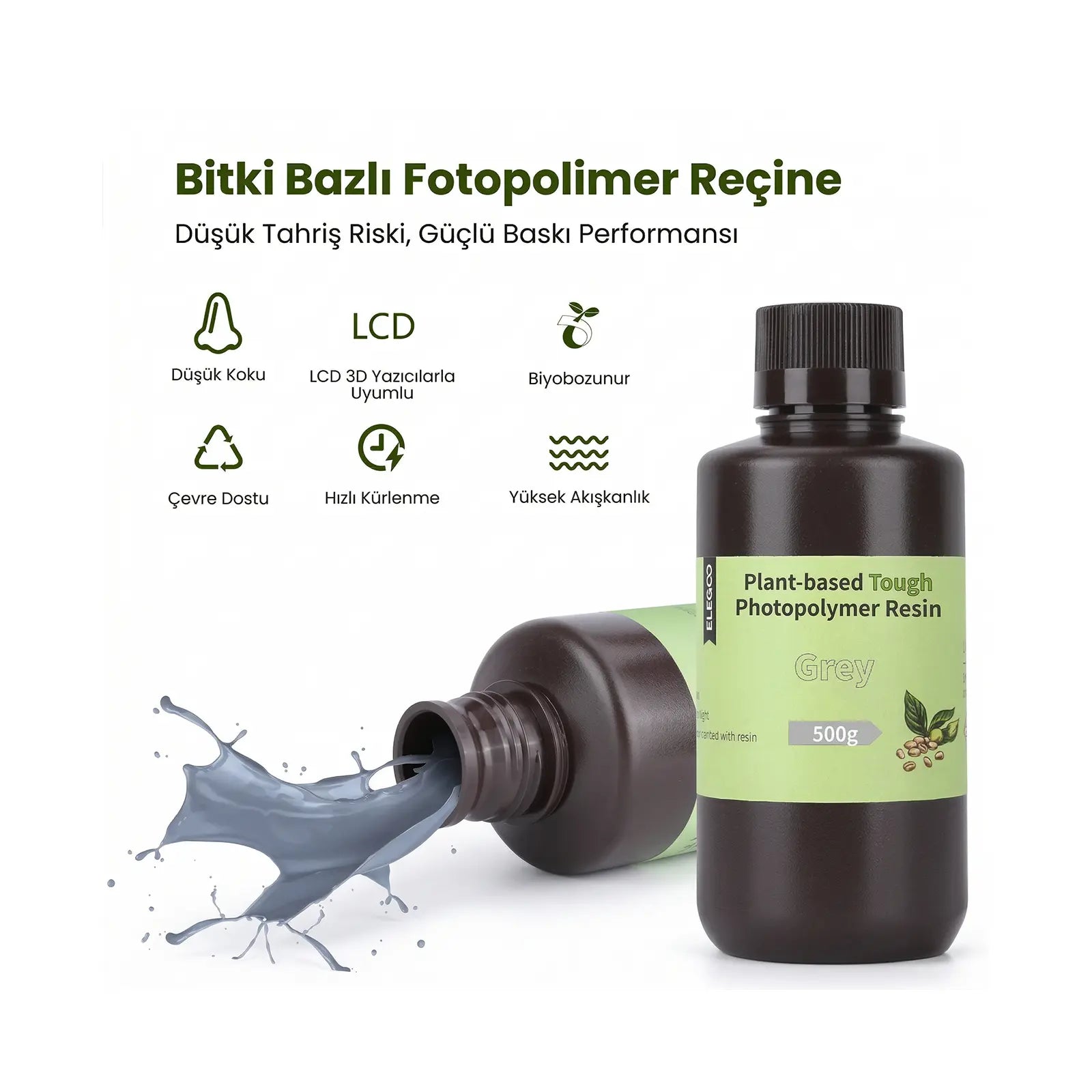 Elegoo Plant Based Bitki Bazlı Reçine Gri 1kg teknik özellikleri; hızlı kürleme , yüksek hassasiyetli baskı ve yüksek akış.
